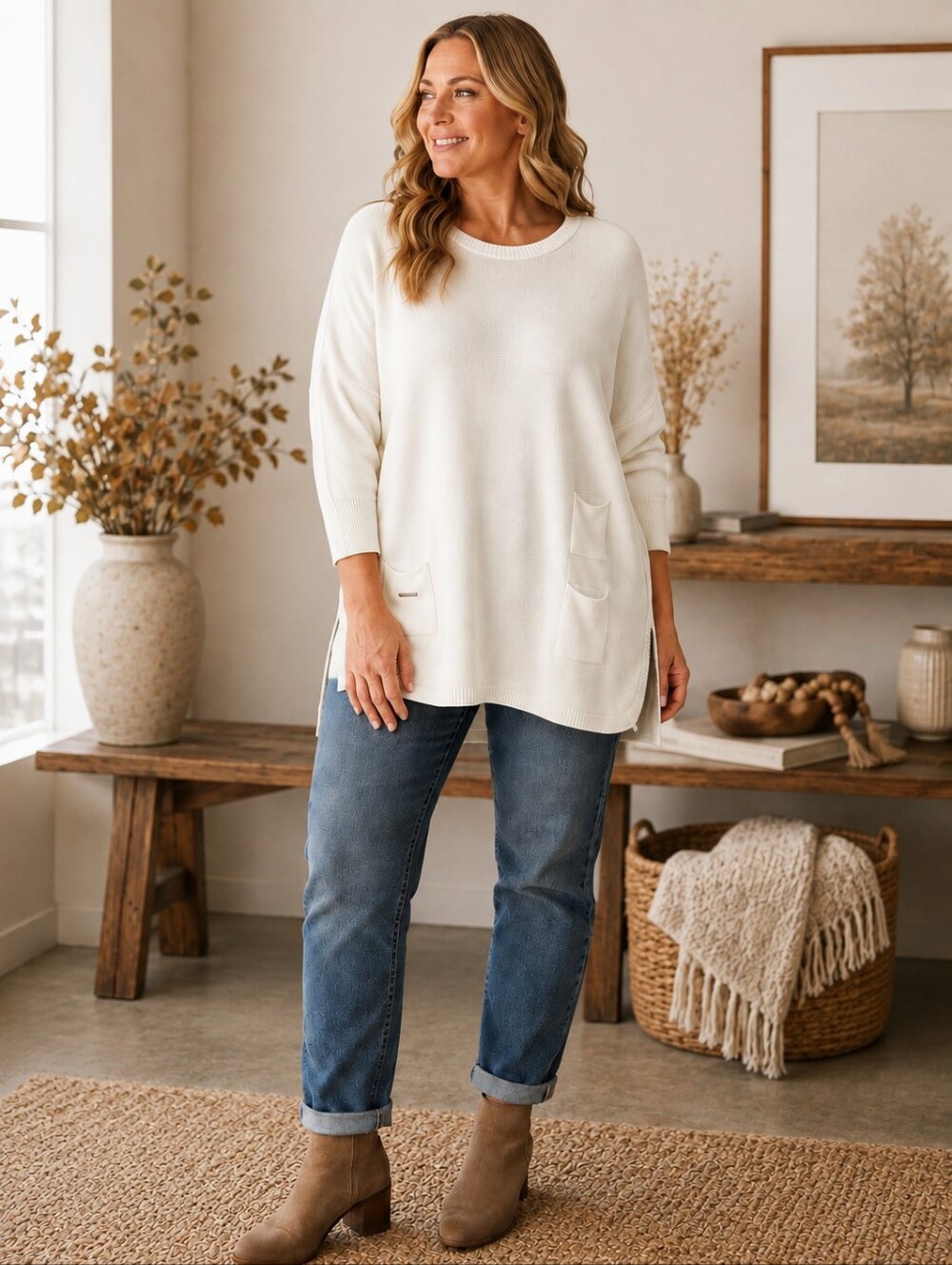 MERSEA Catalina Travel Sweater Ivory Cream Oversized Split Side 3 Pocket OS